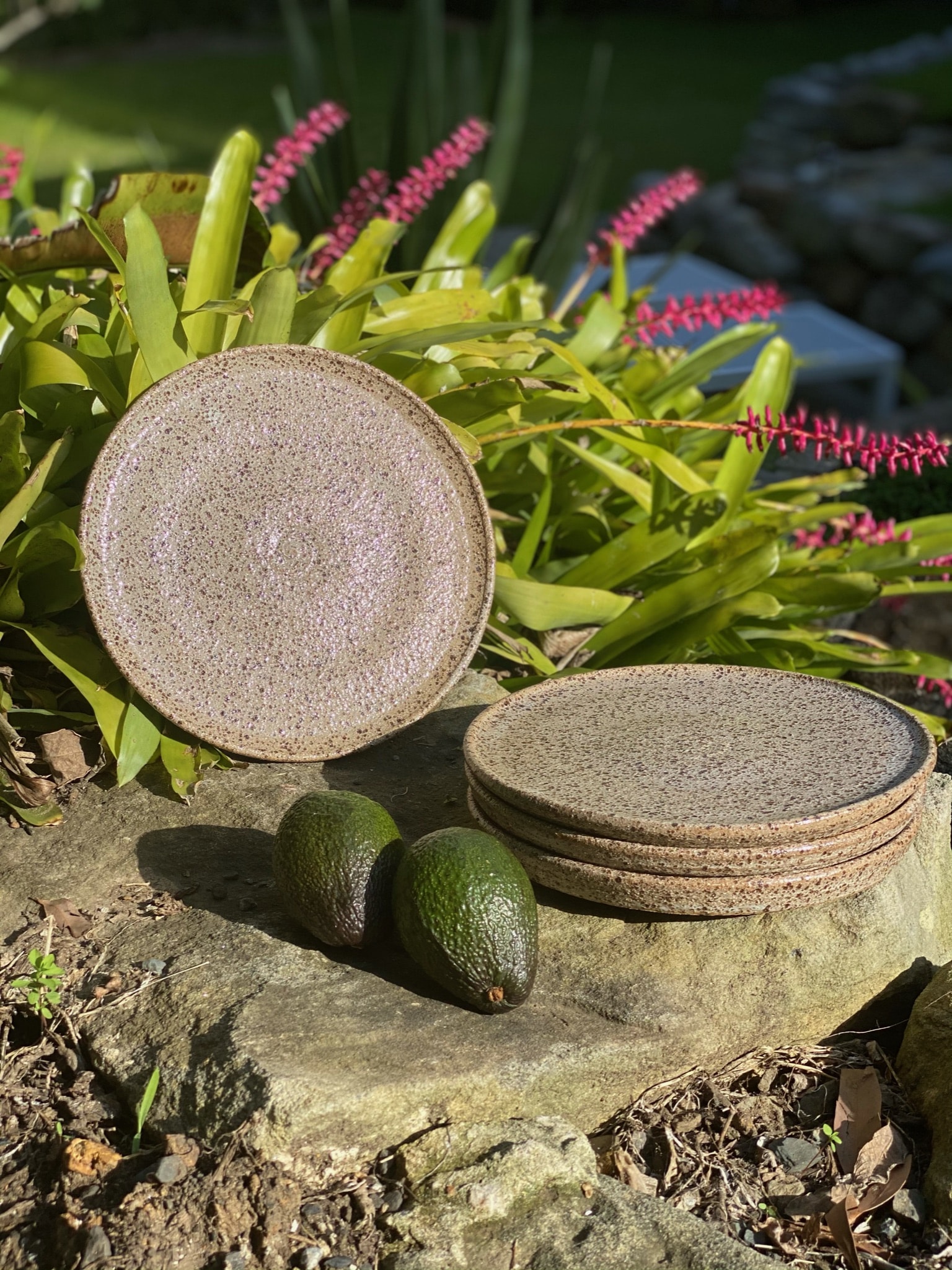 Large dinner plates in speckled clay with white gloss glaze